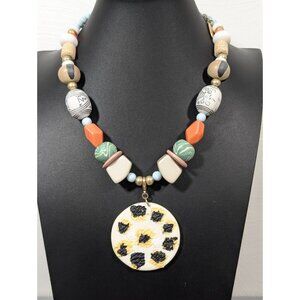 Plunder Unique Tribal Blue Orange Chunky Necklace Pendant Statement 23‎ in
